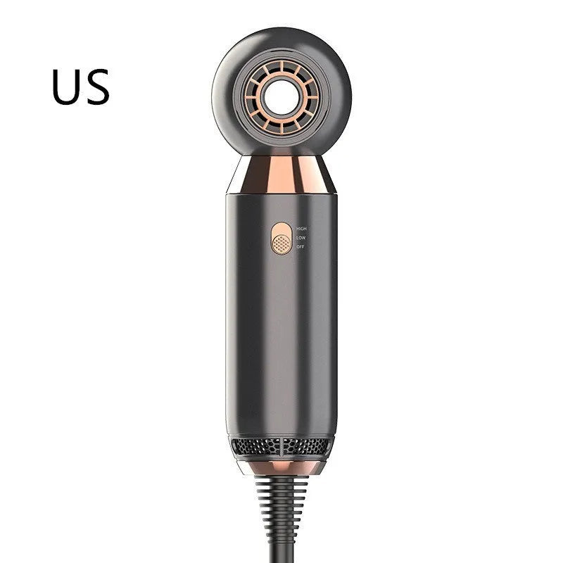 Leafless blower hair dryer with its handle folded down, showing the nozzle and control buttons.