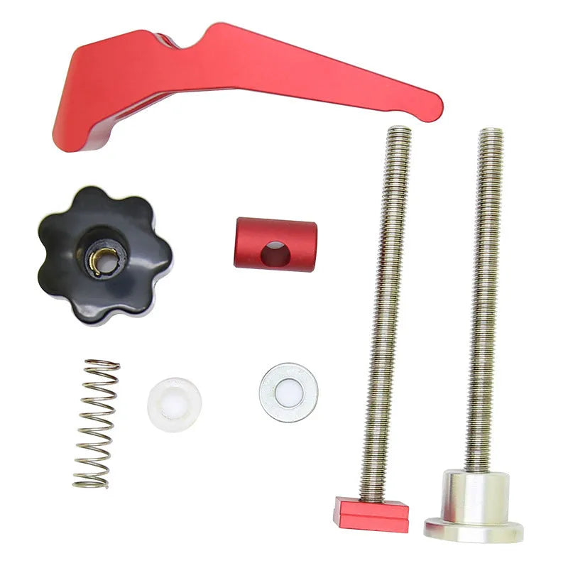 Red aluminium alloy woodworking table block slide holder with flat mouth and 200g weight.