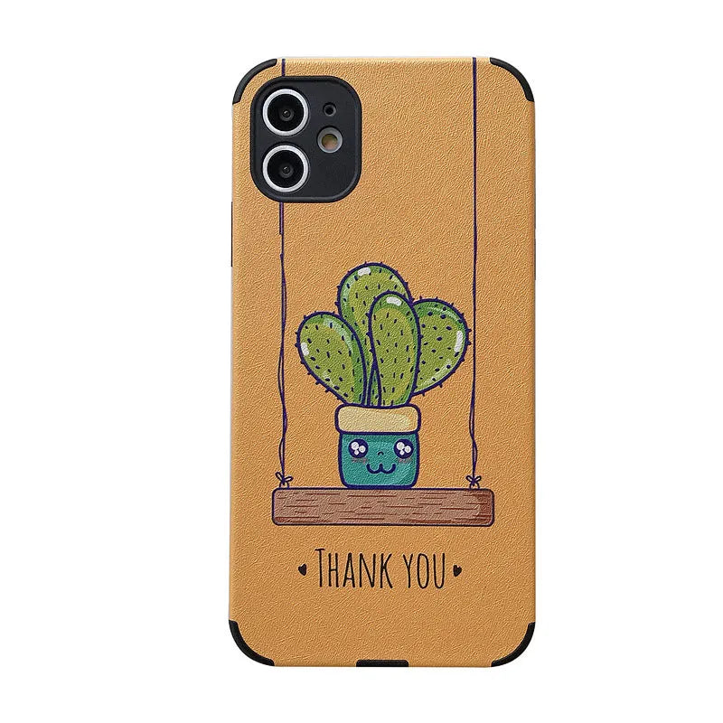 Cactus embossed iPhone case in blue with TPU and leather back cover, cartoon style.