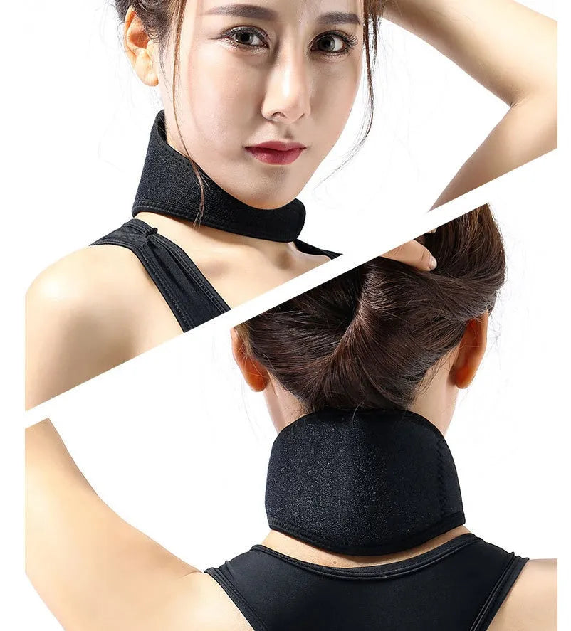 Black self-heating magnetic neck guard with adjustable shoulder strap laid flat.