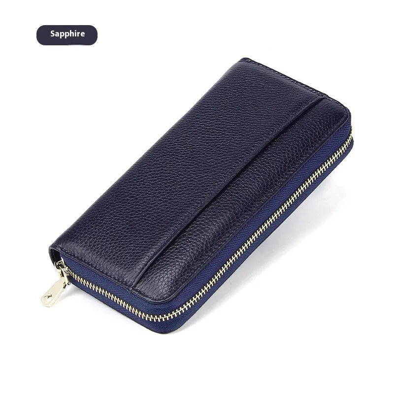 Genuine leather long women's wallet in multiple colours showing anti-theft card slot and storage compartments