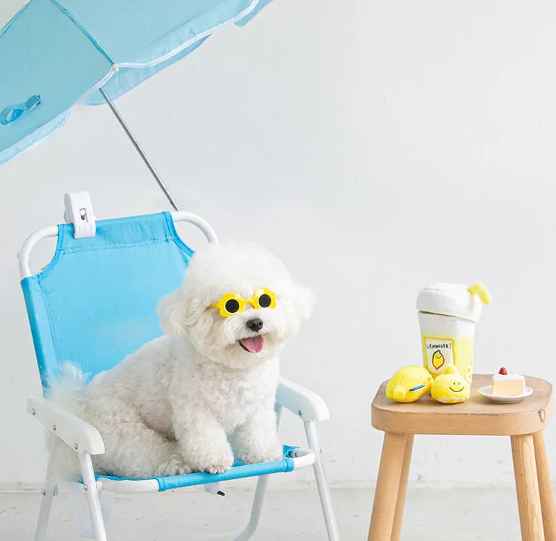 Yellow plush pet voice toy shaped like a lemon tea cup with squeaker and side snack pocket