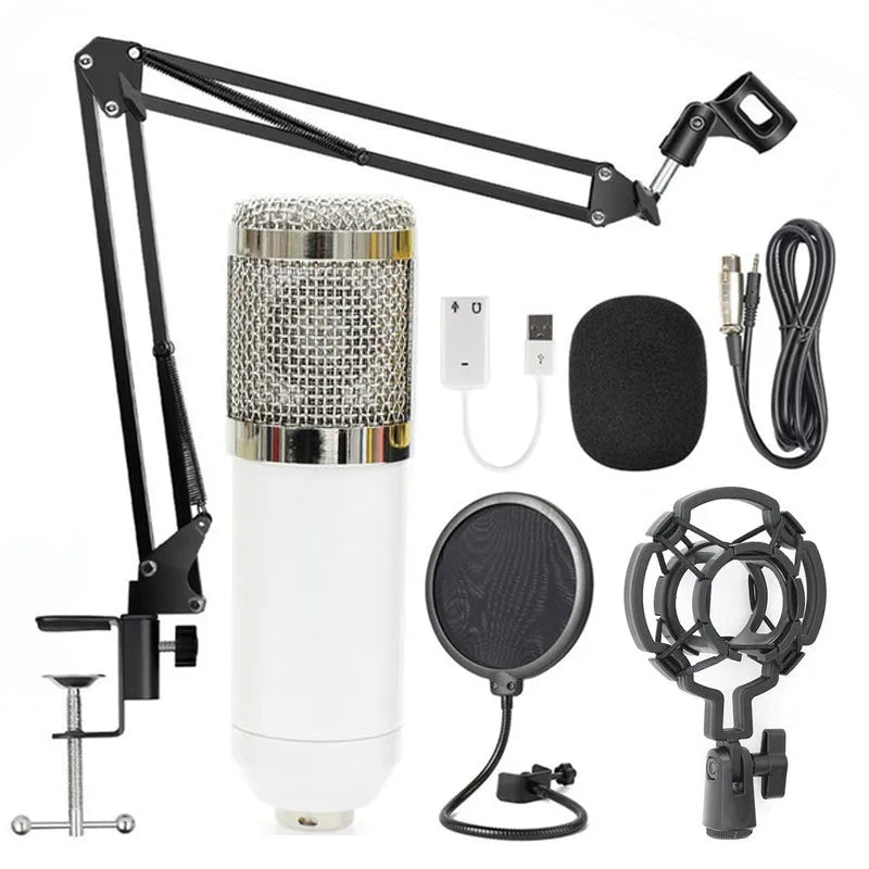 BM-800 condenser microphone stand set in various colours on a desktop