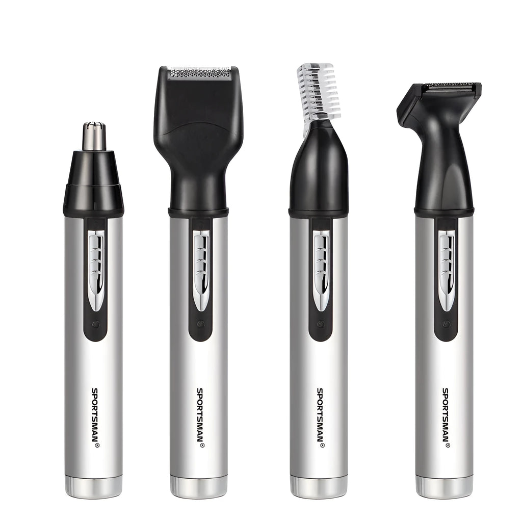 White electric nose hair trimmer with four heads, USB cable, placing base, and cleaning brush