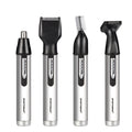 White electric nose hair trimmer with four heads, USB cable, placing base, and cleaning brush