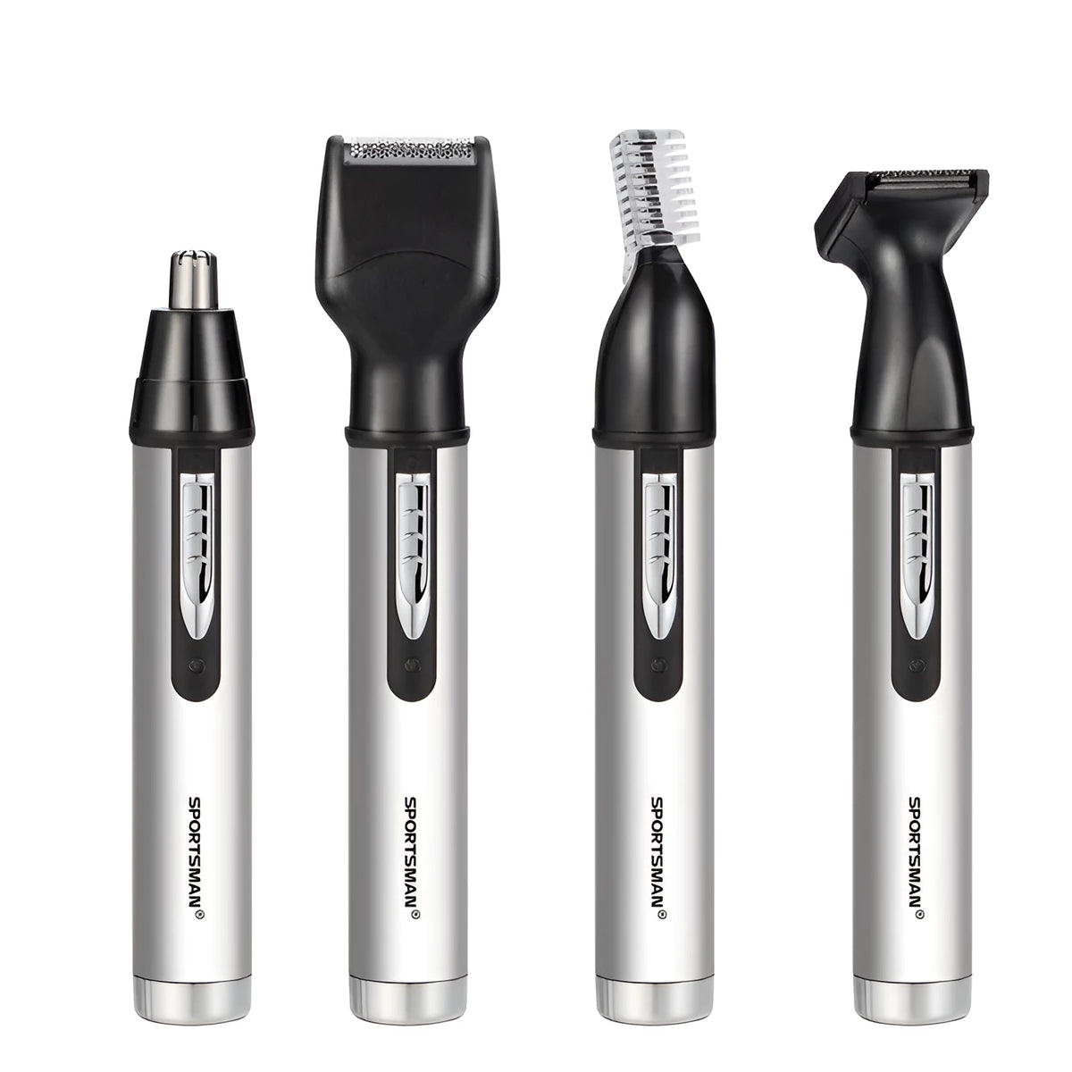 White electric nose hair trimmer with four heads, USB cable, placing base, and cleaning brush