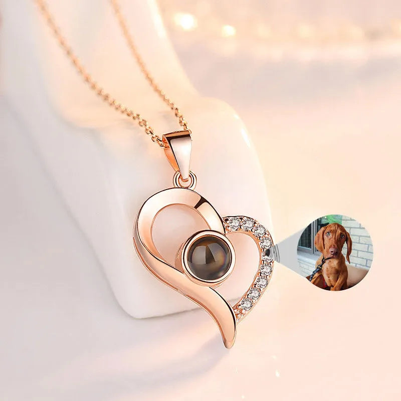 925 silver heart projection photo necklace in Silver or Rose Gold, 20.5 x 16.3 mm pendant with chain