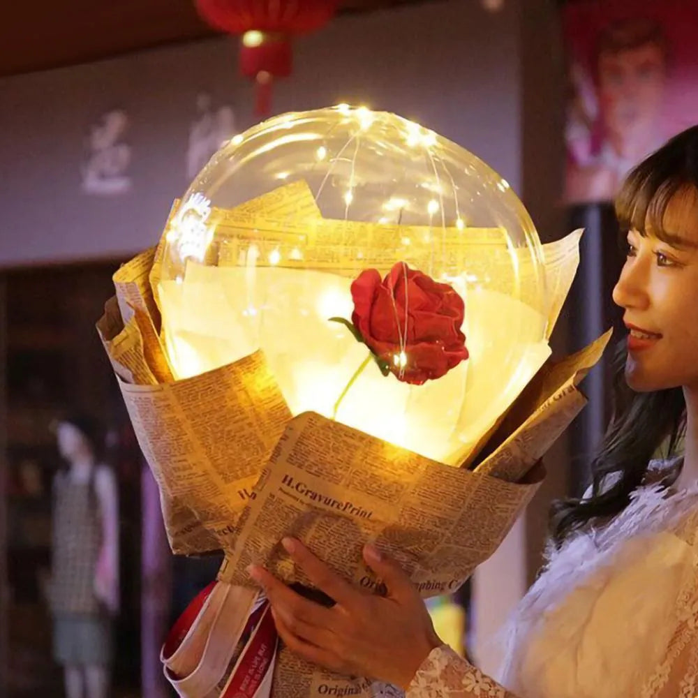 Transparent bobo ball LED luminous balloon rose bouquet with artificial flowers for DIY decoration