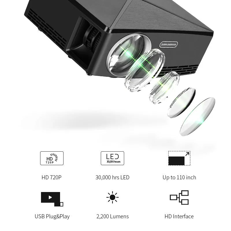 Black or white home desktop projector with glass lens, 1280x720dpi resolution, 40-120 inch projection, 0.8kg weight.