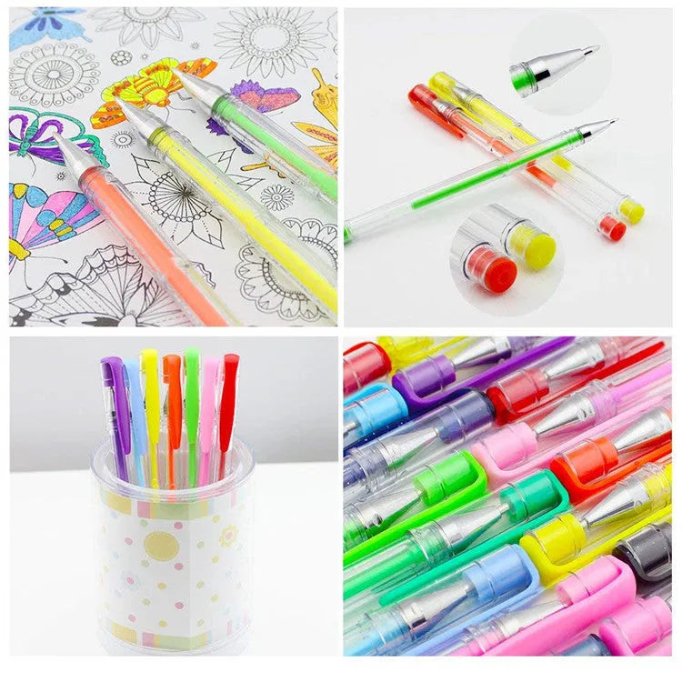 Set of 100 assorted colour gel watercolour pens with highlighter tips, showing plastic barrels.