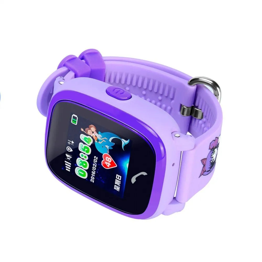 DF25 blue children's waterproof smart watch with touch screen and silicone strap showing location tracking interface