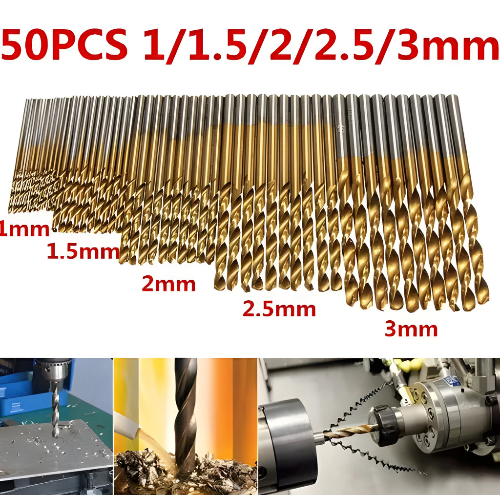 50 titanium coated high speed steel twist drill bits in a set case for metal, wood, and plastic drilling.