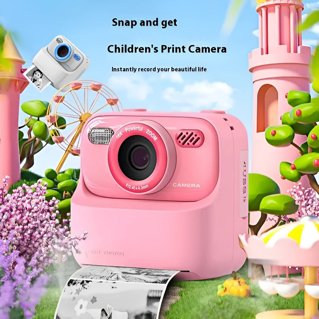 Plastic instant print digital camera with three rolls of printing paper, available in blue, grey, pink, or purple