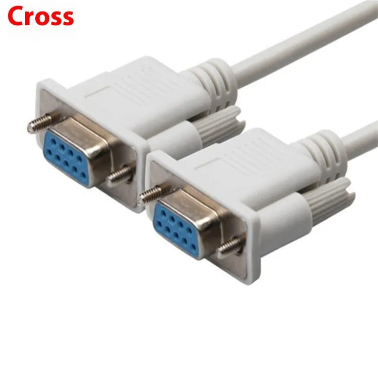Milky white female-to-female DB9 serial cable with cross-wired RS232 configuration measuring 1.5 metres