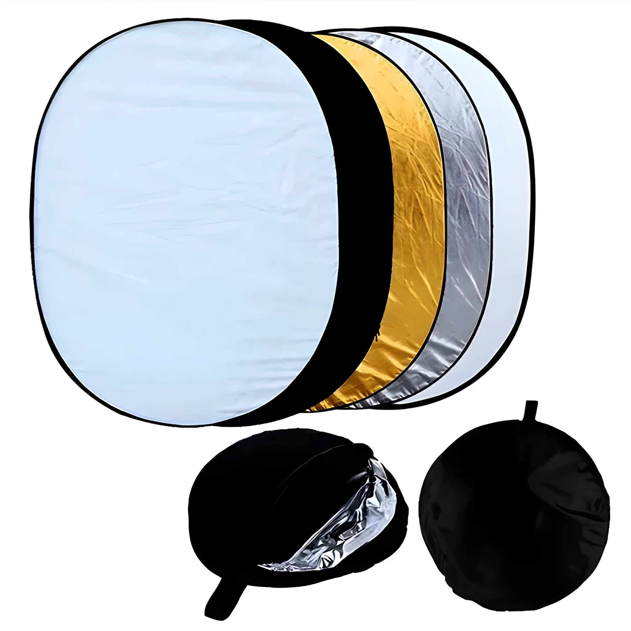 5 in 1 collapsible photography reflector showing gold, silver, white, black, and translucent surfaces