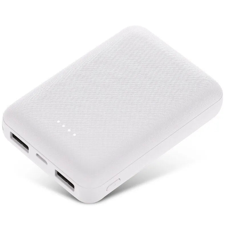 Ultra-thin black or white power bank showing multiple USB ports and 10,000mAh capacity