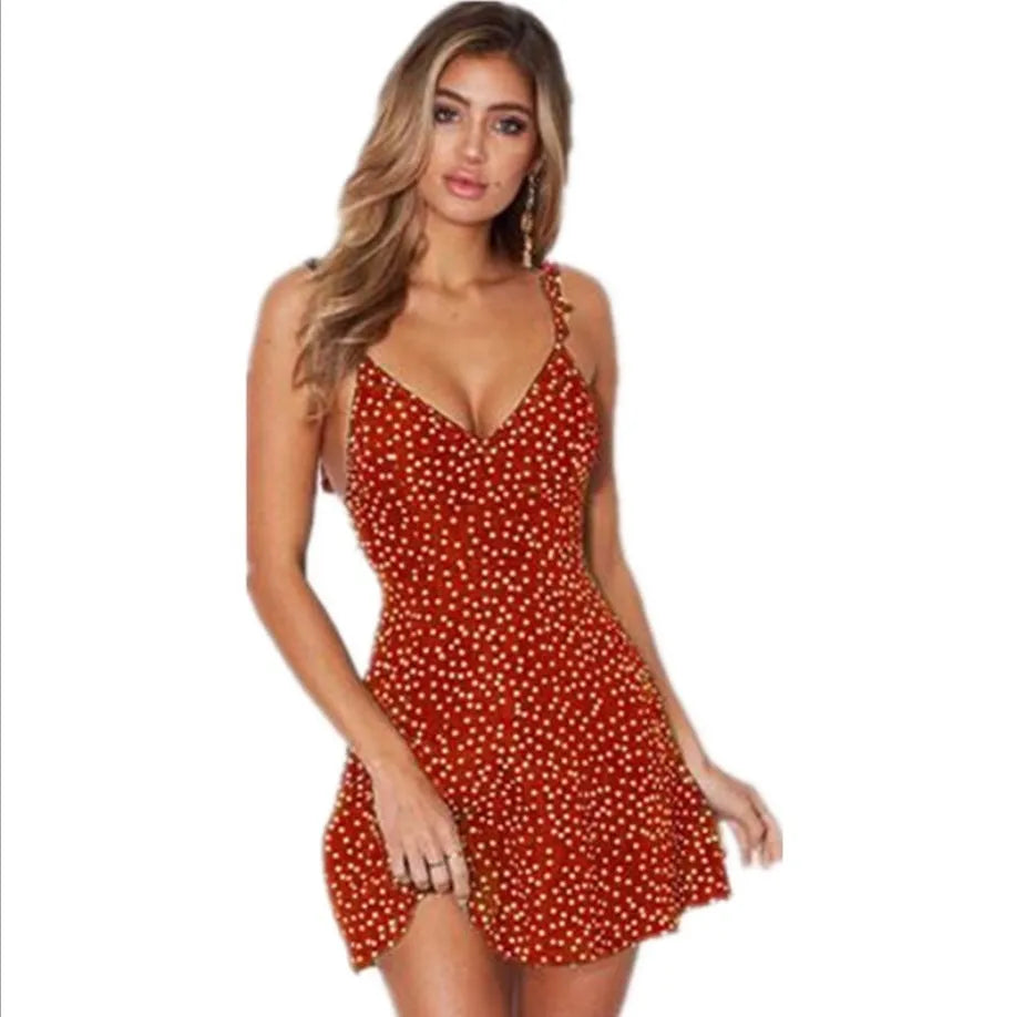 Polka-dot strappy dress women's sleeveless V-neck short skirt summer beach sundress