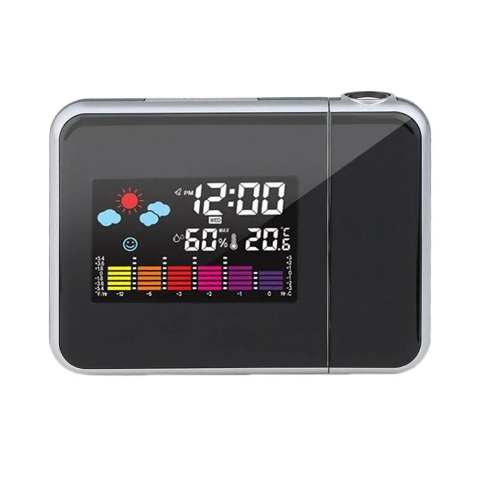 Black digital projection alarm clock showing time, temperature and humidity on its display