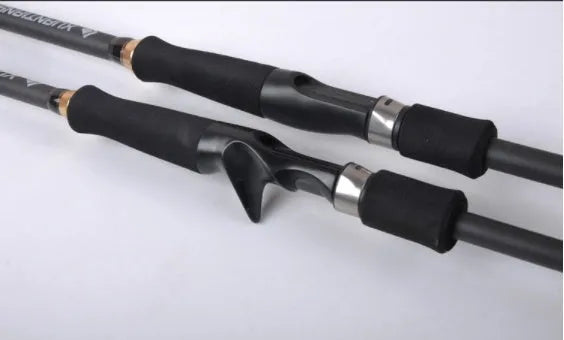 Telescopic carbon fishing rod with matte coating, inline guide rings, and choice of gun handle or straight handle in multiple lengths