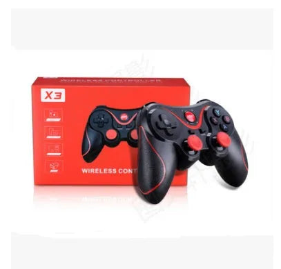 Black X3 wireless Bluetooth Android game controller with phone clip attached to smartphone