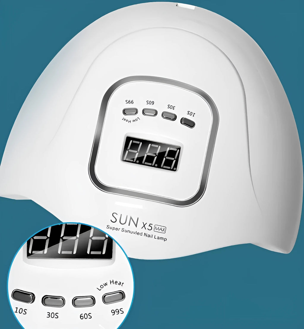 White portable UV LED nail dryer lamp with digital timer display and light-up chamber