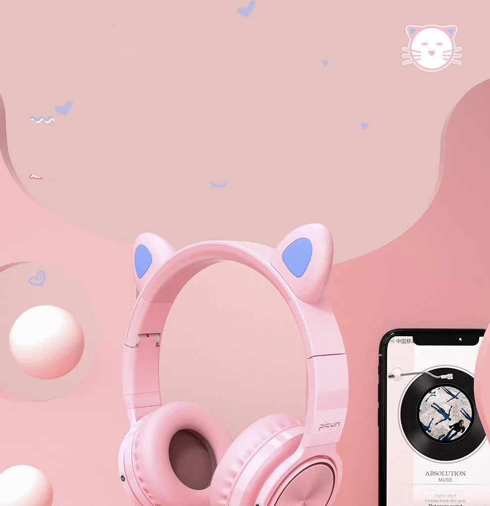 Pink and white luminous Bluetooth headset with LED lighting and over-ear design