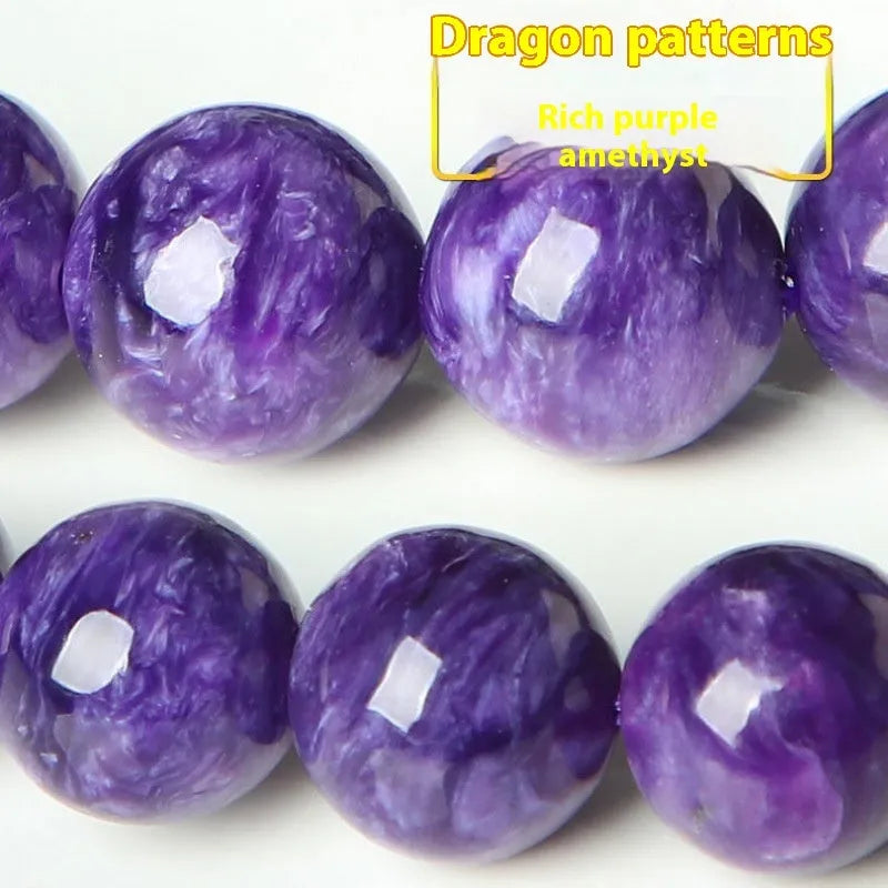 Transparent charoite crystal bracelet on a platinum metal band, showing different bead size options.