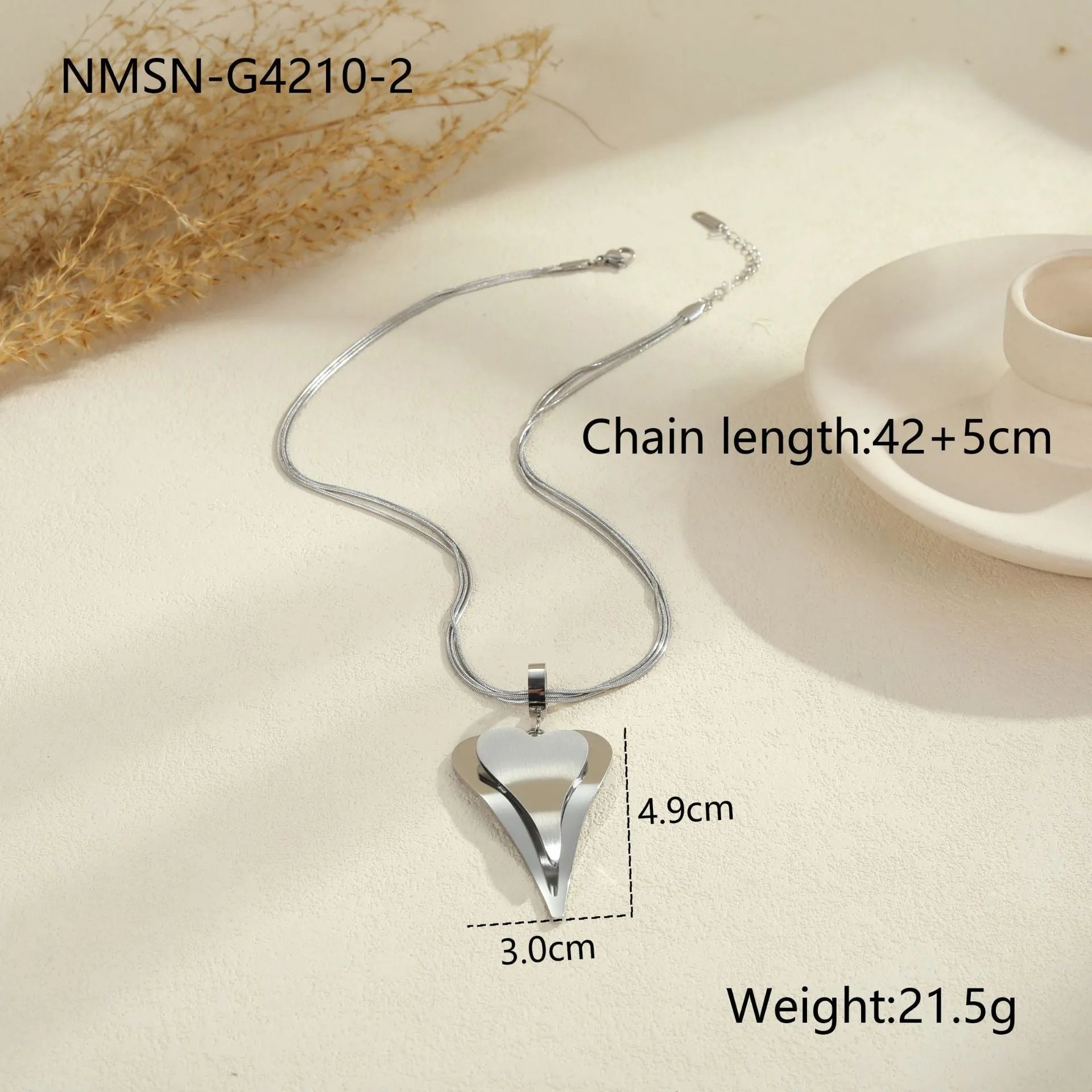 Stainless steel necklace with double heart snake bones chain geometric design