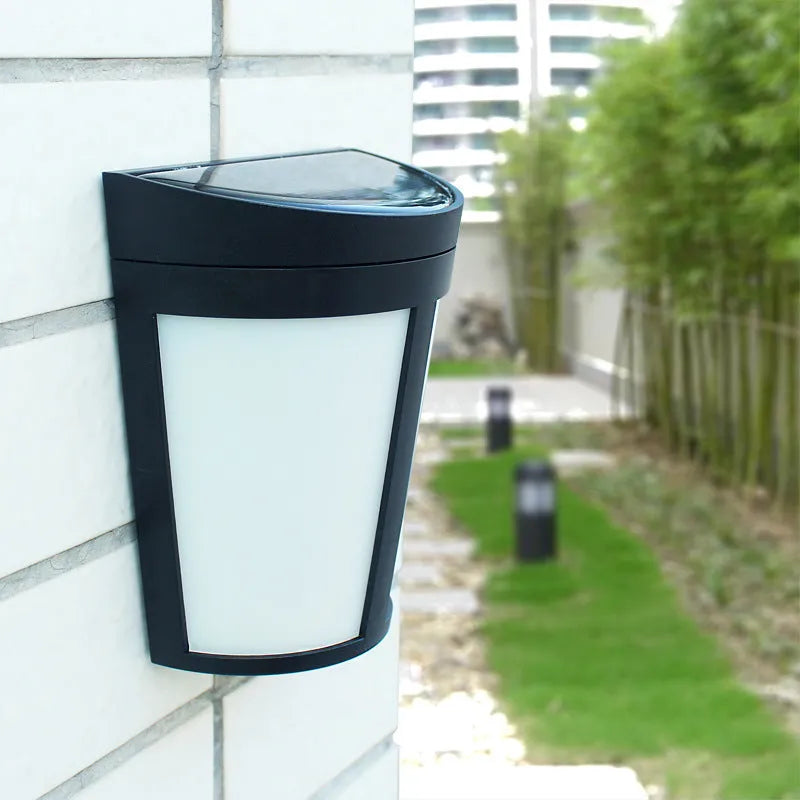 White solar wall lamp with six LED lights and IP65 waterproof rating for outdoor use