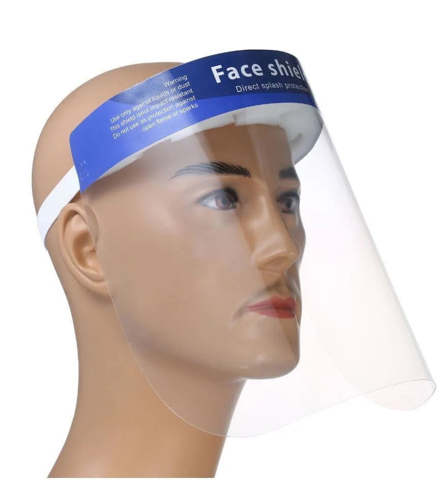 Blue PET head-on anti-splash protective mask for droplet self-protection, available in 100pcs and 5pcs packs