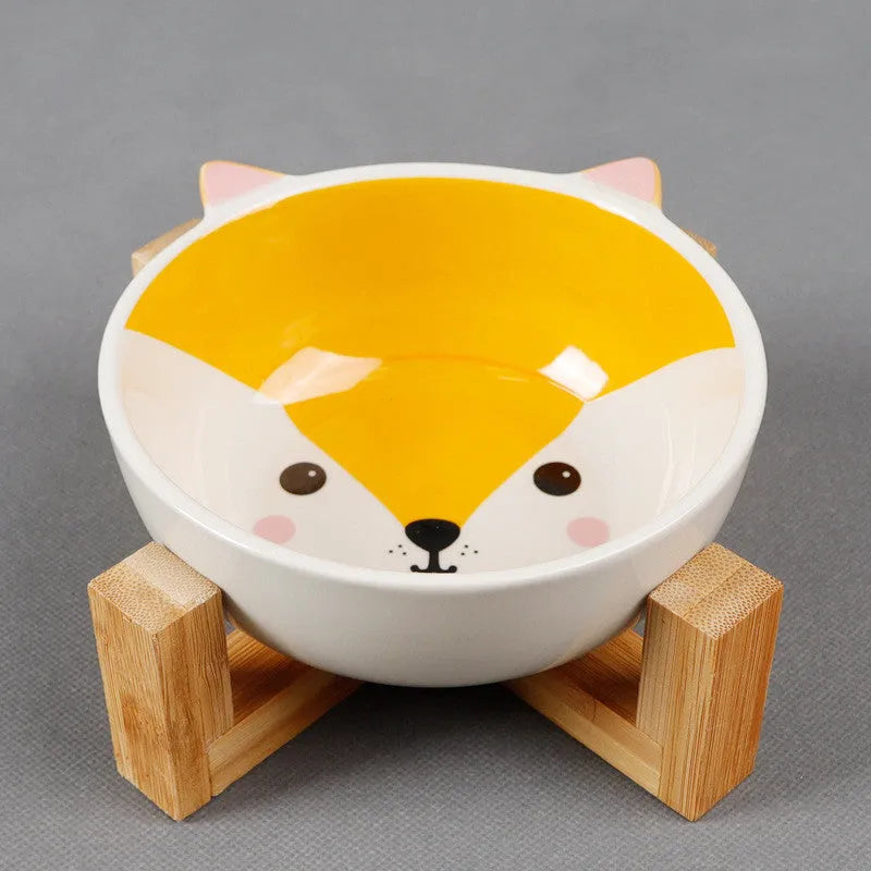 Raised ceramic cat food bowl in bamboo wooden stand, 13cm bowl, pink fox design