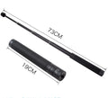 Black retractable aluminium selfie stick extended to full length showing tripod mount.