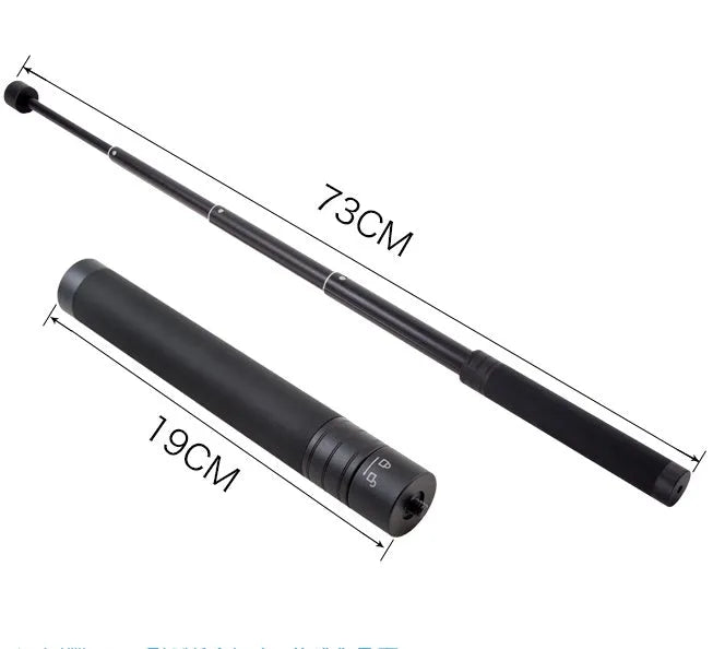 Black retractable aluminium selfie stick extended to full length showing tripod mount.