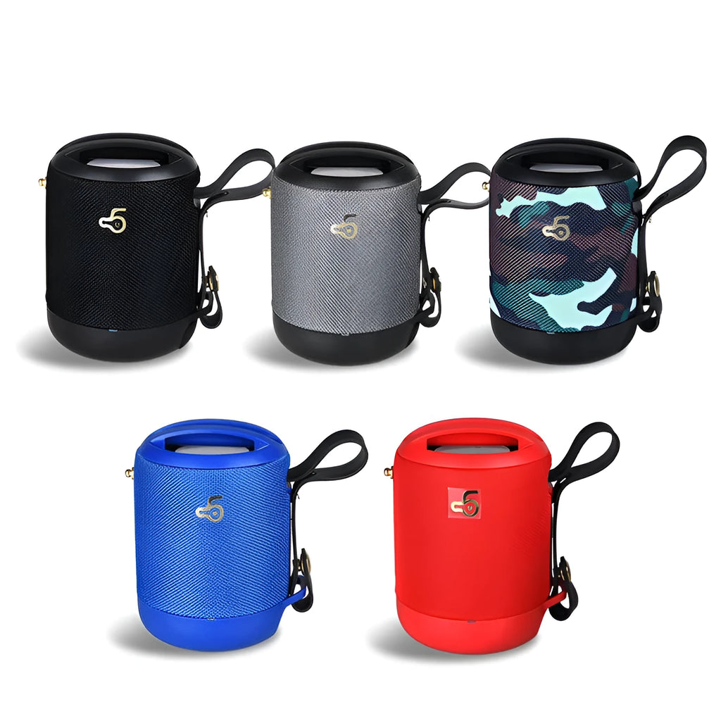 Portable waterproof Bluetooth speaker in multiple colours with portable belt showing compact design