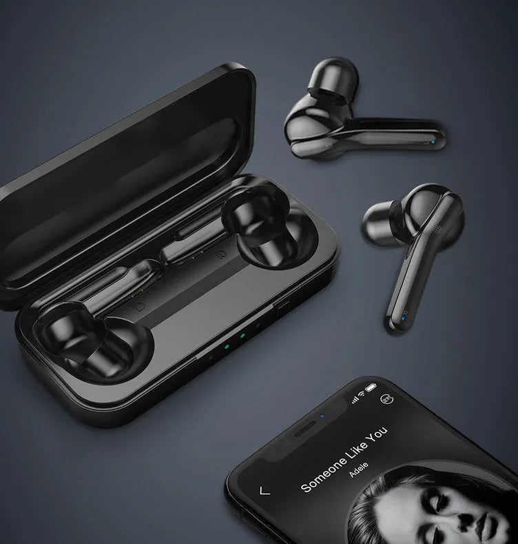 Black and white TWS wireless earbuds with Bluetooth 5.0 connectivity
