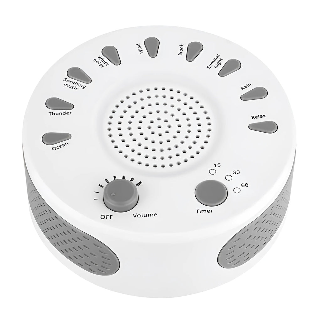 White noise sleep machine with volume knob, showing white colour option, beside USB cable on table