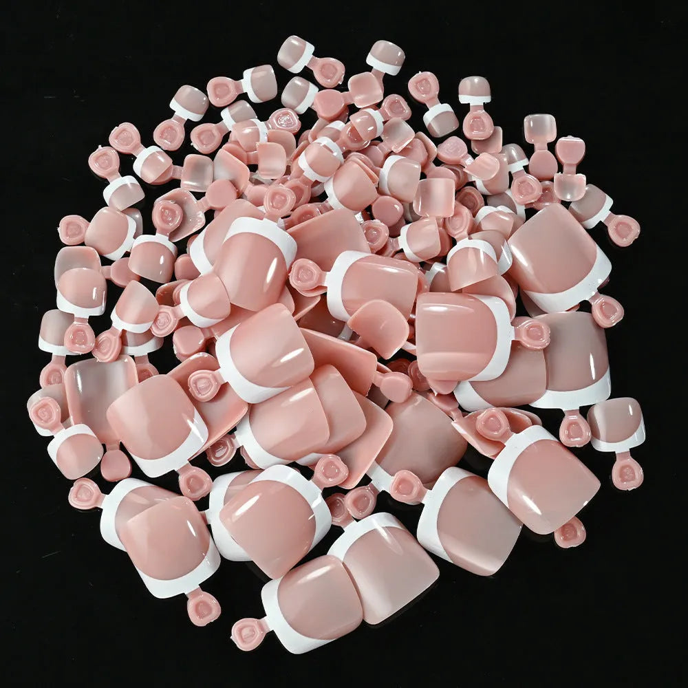 120-piece false toenail set with French white edge and nude base in full square short shape