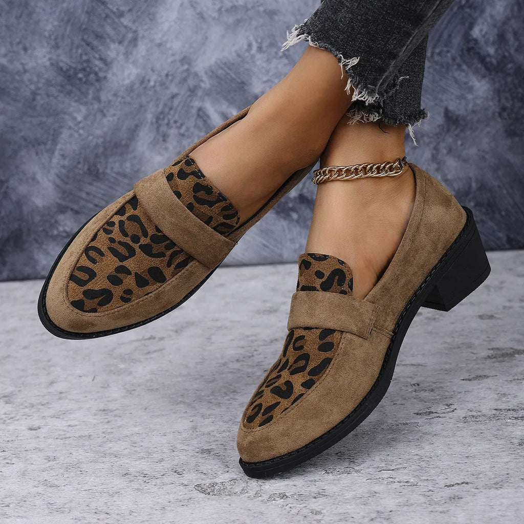 Leopard print slip-on suede shoes with chunky mid heel and pointed toe in brown colour