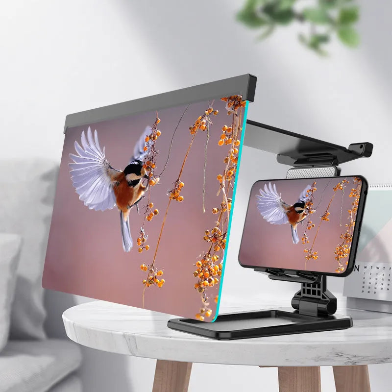 Black 12-inch curved mobile phone screen amplifier with detachable holder, shown folded and unfolded.