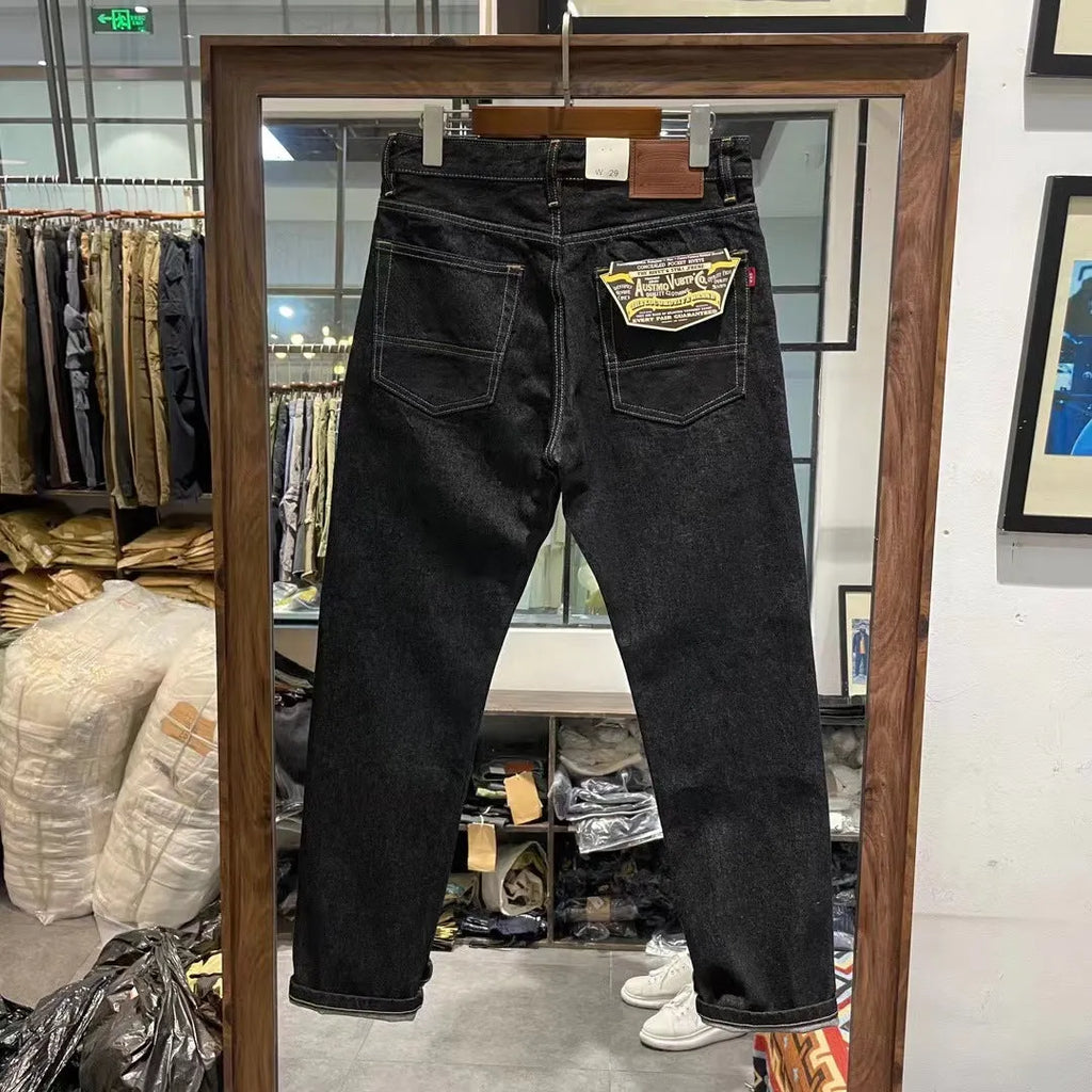 Men's high waist thickened denim trousers in dark indigo, long length, cotton denim, sizes 29-36