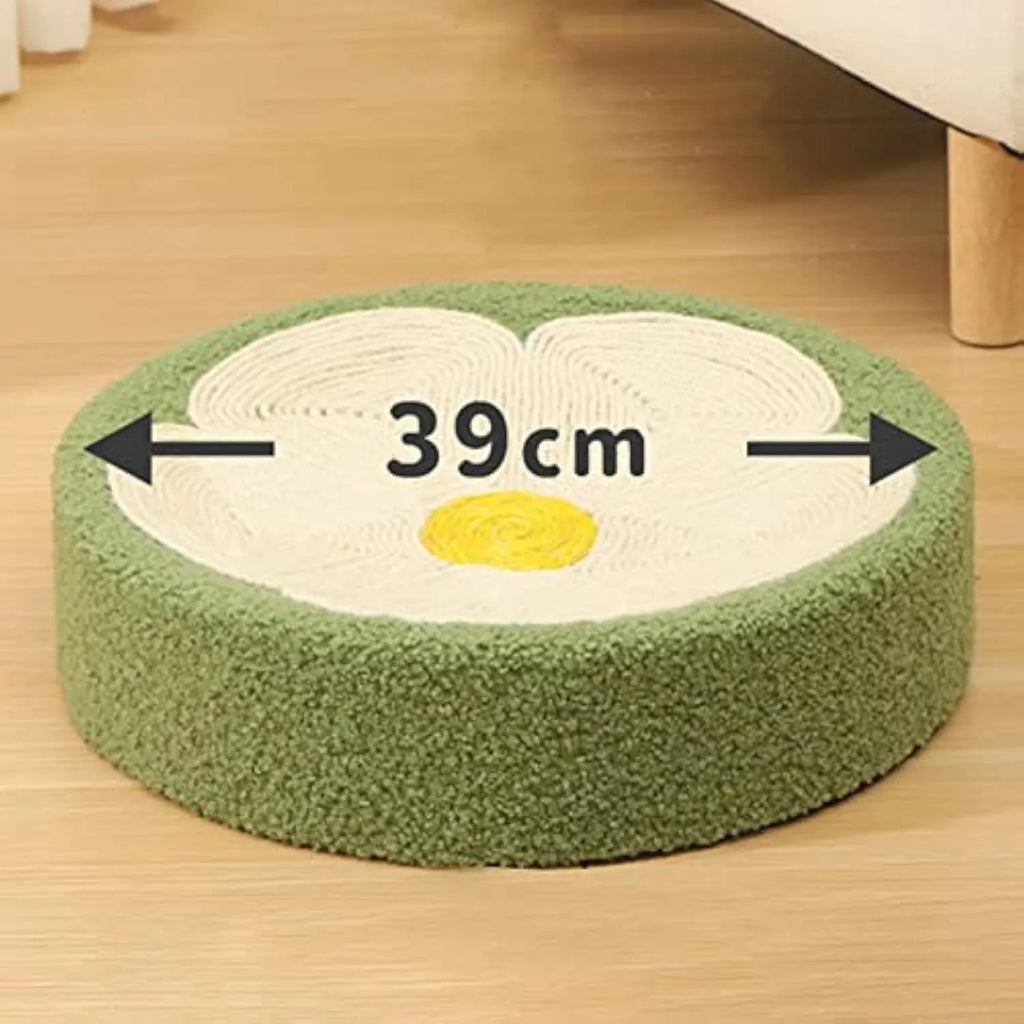 Green round sisal cat scratcher bowl serving as lounge bed with 39cm diameter