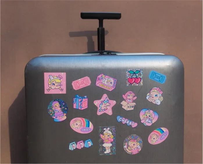 Cute cartoon girl sticker set with 16 square PVC stickers and a storage box, Korean ins style for DIY decoration