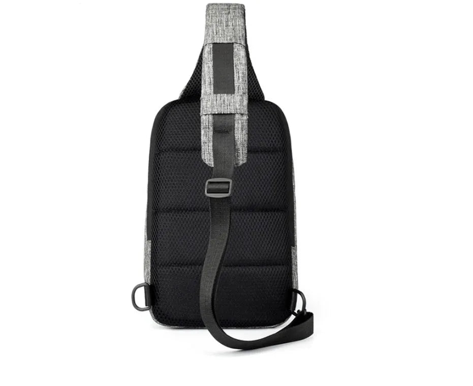 Oxford cloth waterproof chest bag in dark blue colour showing front zipper compartment and adjustable strap