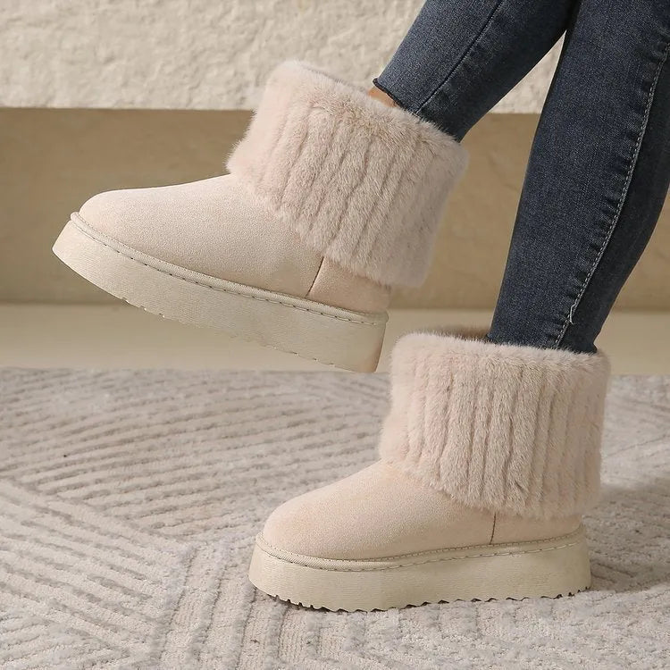 Thick-soled plush snow boots for women warm mid-tube furry cotton shoes available in black beige khaki