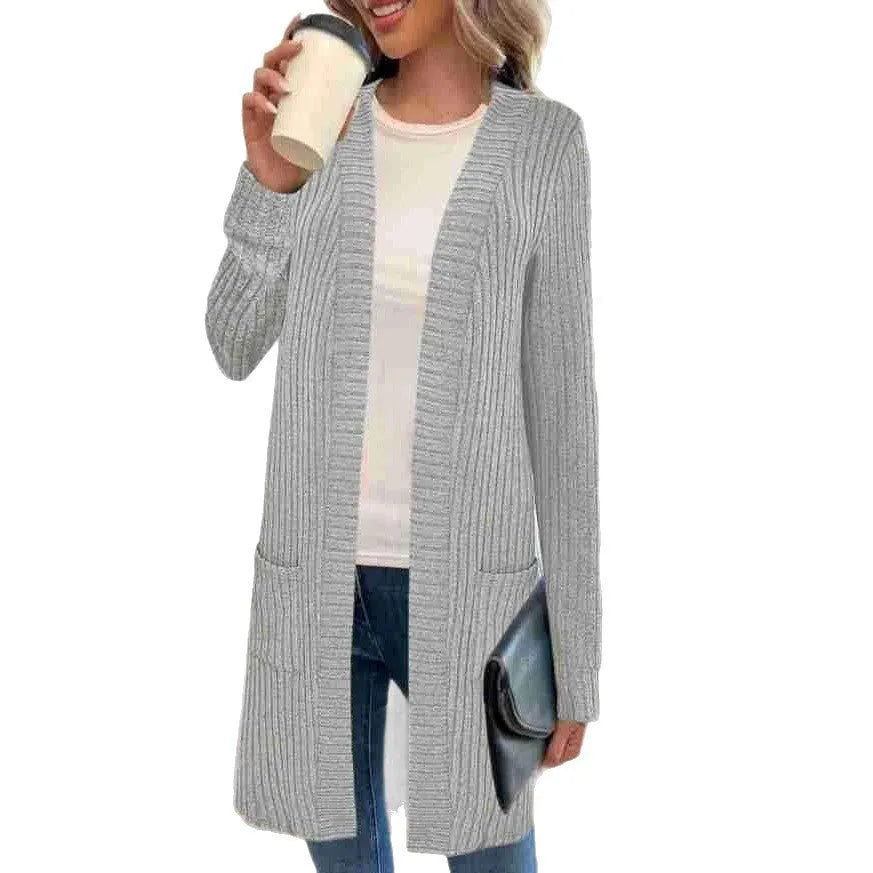 Loose knitted cardigan jacket in black wine red or gray with long sleeves and pockets