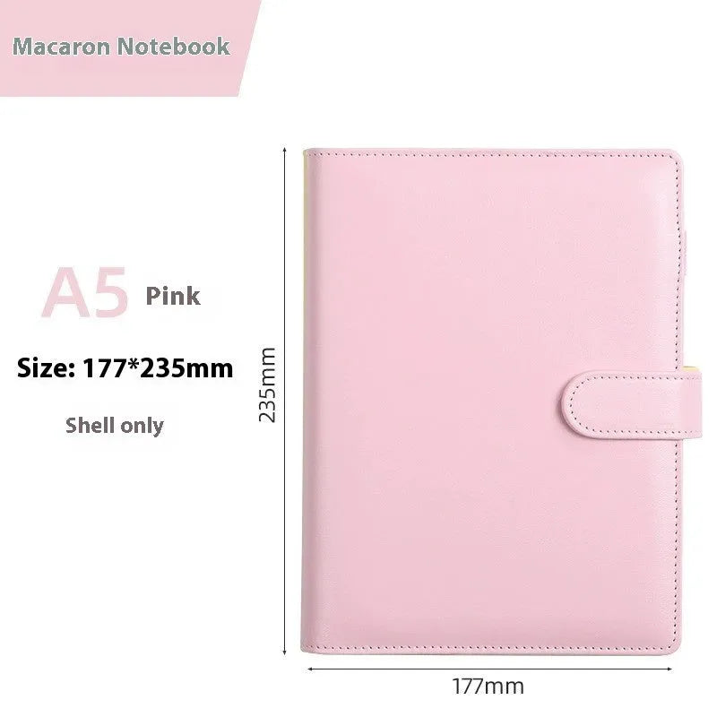 A5 PU leather notebook binder shell with zipper closed, shown in a selection of solid colours.