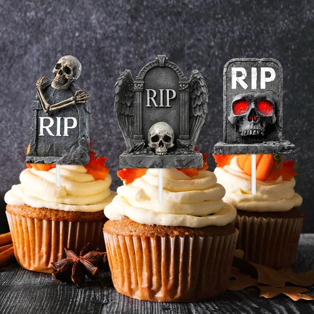 Halloween cake decoration flags, 12 paper tombstone-style small flags in horror theme, Style 1 and Style 2 options
