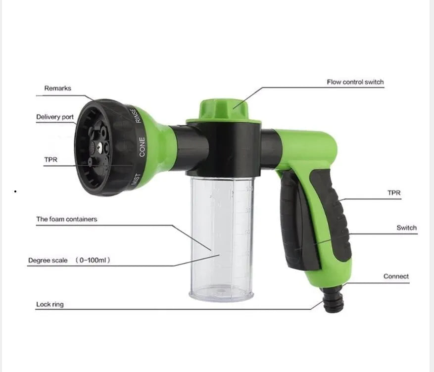 Green high-pressure foam spray gun with adjustable nozzle for car washing and garden cleaning