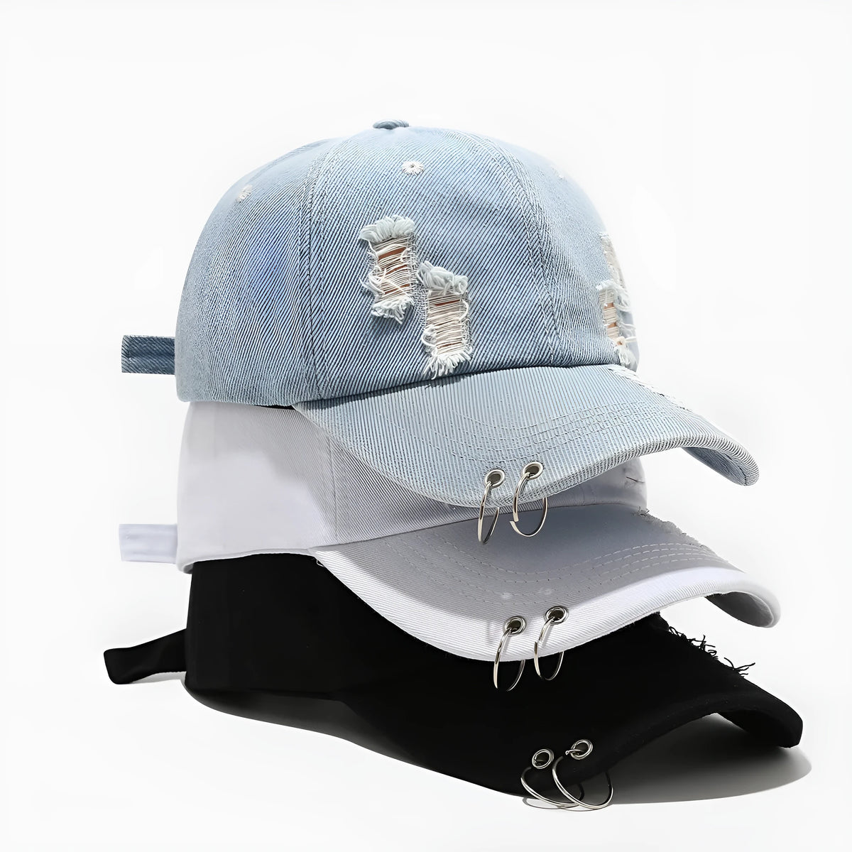 Men's denim peaked cap with dome crown in black, white, and light blue jeans colours showing adjustable strap