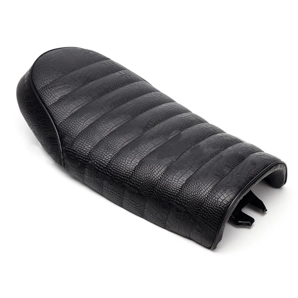 PU leather motorcycle cushion for Honda CG series retro motorcycle, shown in black or brown